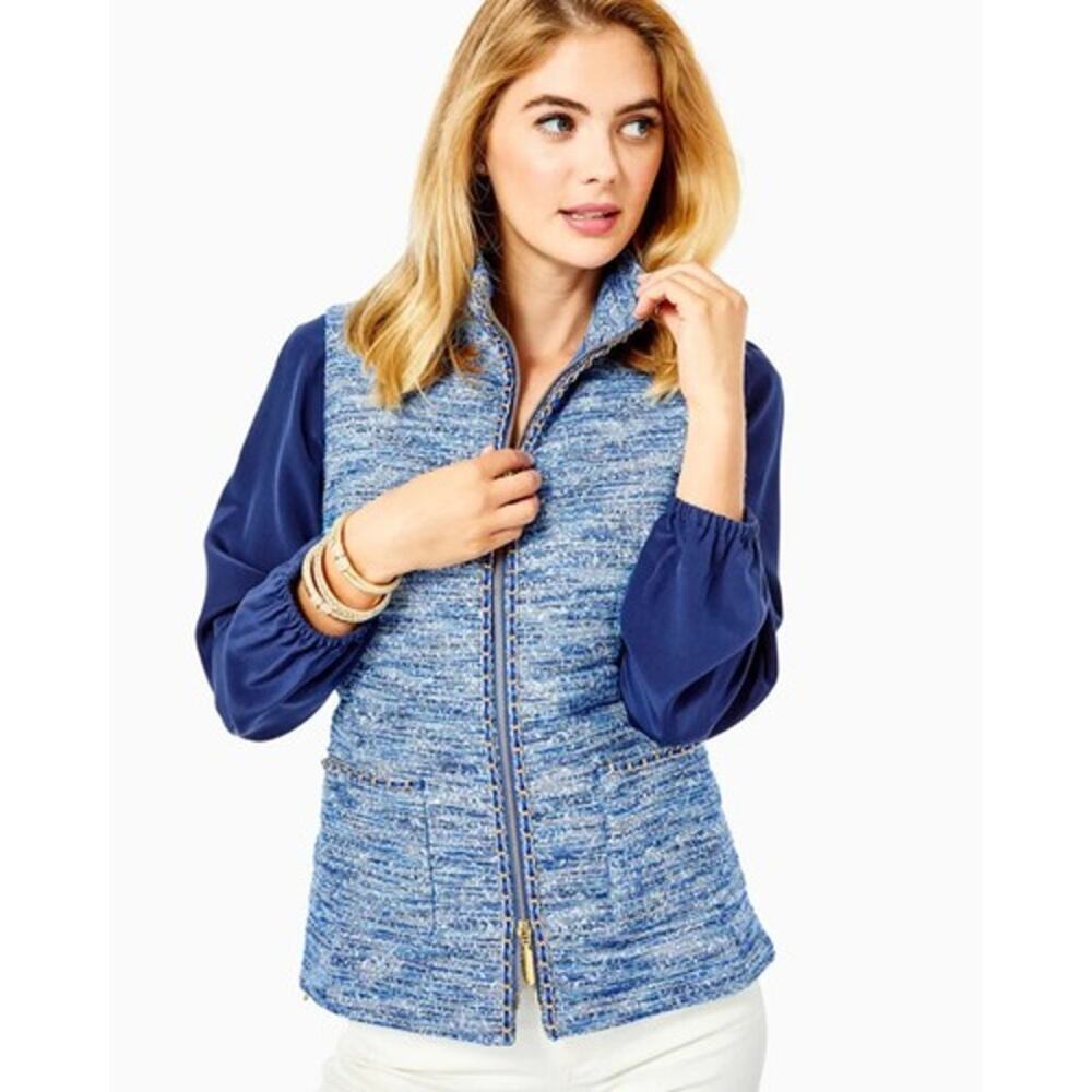 LILLY PULITZER Noella Vest‎ Jacket Coat Blue Thistle Resort Boucle Women XL